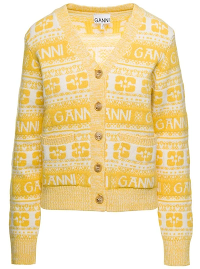 Shop Ganni Yellow Cardigan With Logo Motif Jacquard In Wool Blend Woman