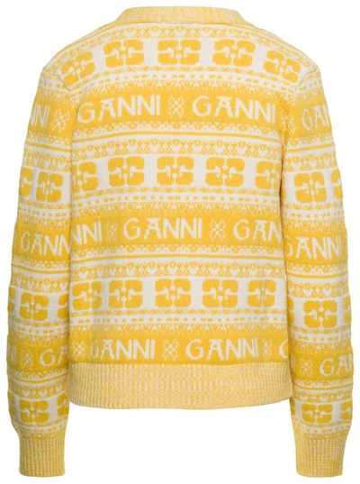Shop Ganni Yellow Cardigan With Logo Motif Jacquard In Wool Blend Woman