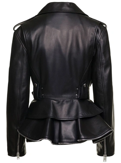 Shop Alexander Mcqueen Black Biker Jacket With Peplum Hem And Belt In Smooth Leather Woman