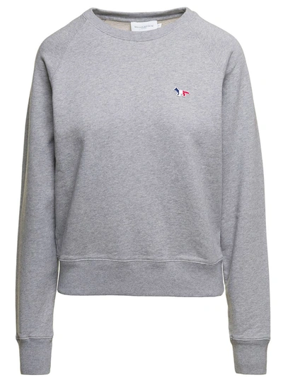 Shop Maison Kitsuné Crewneck Sweatshirt With Embroidered Logo Patch In Grey Cotton Woman