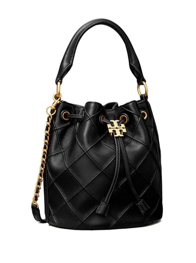 Shop Tory Burch 'fleming Soft' Black Bucket Bag With Branded Drawstring In Quilted Leather Woman