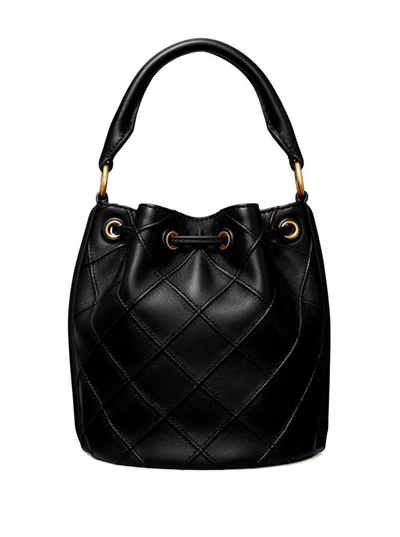 Shop Tory Burch 'fleming Soft' Black Bucket Bag With Branded Drawstring In Quilted Leather Woman