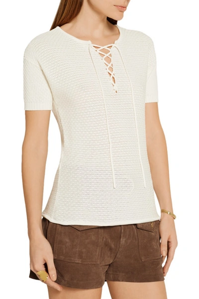 Shop Frame Le Crochet Lace-up Knitted Modal And Cotton-blend Top
