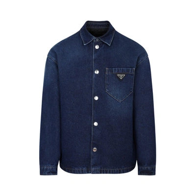 Shop Prada Cotton Padded Jacket Shirt In Blue