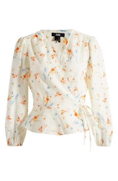 Shop Paige Ninette Orchid Print Linen & Cotton Wrap Blouse In Cream Multi