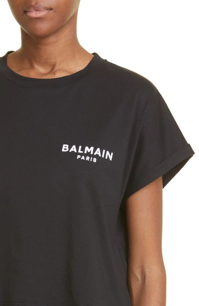 Shop Balmain Flocked Logo Crop T-shirt In Eab Black/ White