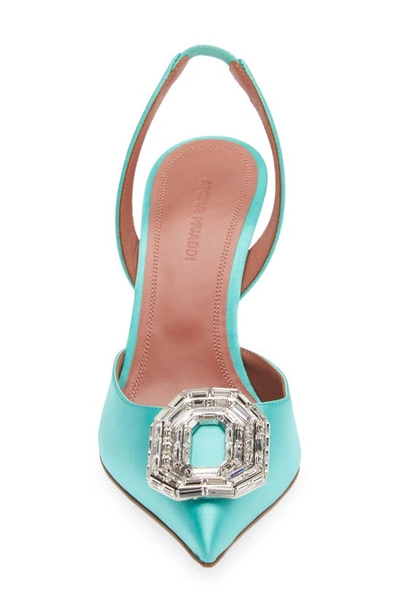 Shop Amina Muaddi Camelia Crystal Buckle Slingback Pump In Satin Caribbean