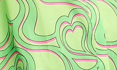 Shop Asos Design Oversize Print Tie Cuff Satin Blouse In Light Green