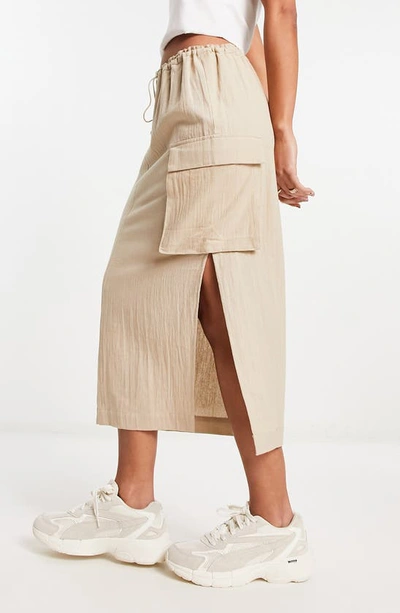 Shop Asos Design Cargo Midi Skirt In Beige