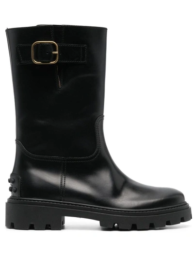 Shop Tod's Black 'biker' Boots With Buckle Detail And Gold-tone Hardware In Leather Woman