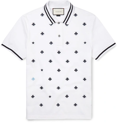 Shop Gucci Slim-fit Embroidered Cotton-blend Piqué Polo Shirt In White