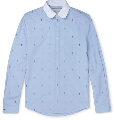 Shop Gucci Slim-fit Penny-collar Embroidered Striped Cotton Shirt In Blue