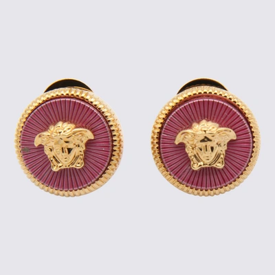 Shop Versace Gold-tone And Pink Metal Medusa Biggie Earrings In Painted Metal