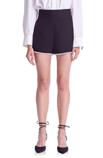 Shop Endless Rose Premium Imitation Pearl Trim High Waist Shorts In Black