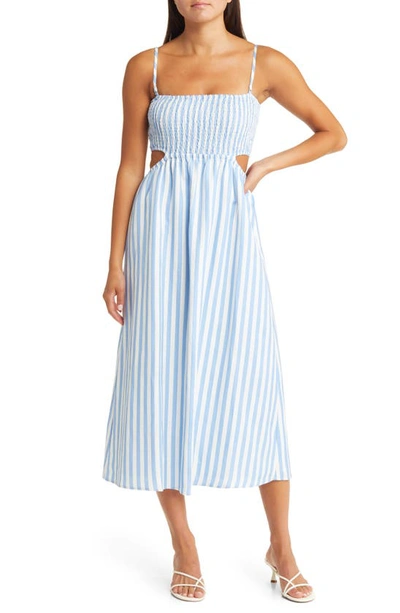 Sophie Rue Lille Stripe Cutout Smocked Linen Blend Sundress In Blue White Stripe
