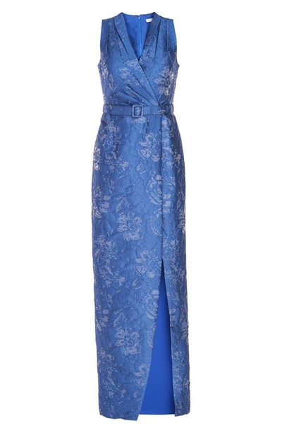 Shop Kay Unger Edie Floral Column Gown In Surf Blue