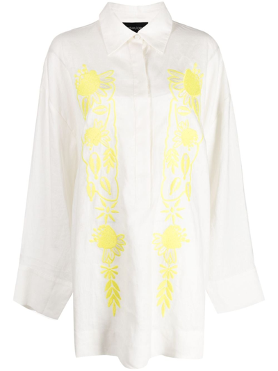 Shop Cynthia Rowley Floral-embroidered Hemp Shirt Minidress In White