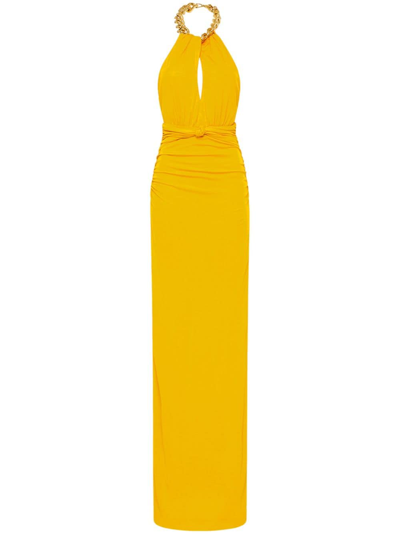 Shop Rebecca Vallance Phoenix Twist-detail Halterneck Gown In Yellow