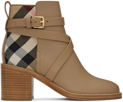 Shop Burberry Taupe House Check Boots In Wheat