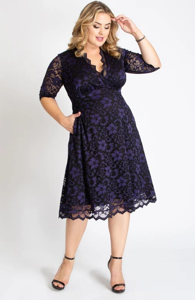 Kiyonna Women's Plus Size Mon Cherie Floral Lace Cocktail Dress In Violet Noir