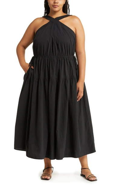 Shop Madewell Halter Tiered Cotton Poplin Midi Dress In True Black