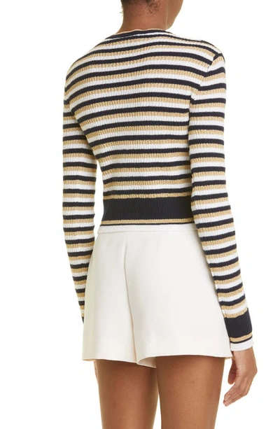 Shop Valentino Stripe Long Sleeve Wool & Lurex® Blend Crop Sweater In Avorio/ Navy/ Oro