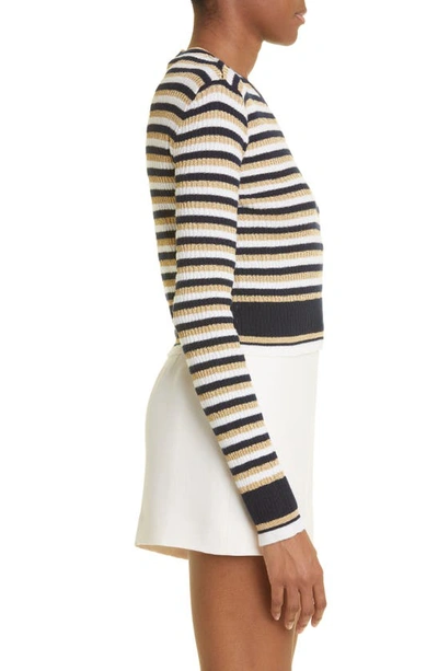 Shop Valentino Stripe Long Sleeve Wool & Lurex® Blend Crop Sweater In Avorio/ Navy/ Oro