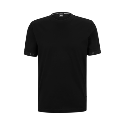 Shop Hugo Boss Mercerised-cotton Regular-fit T-shirt With Logo Cuffs In Black