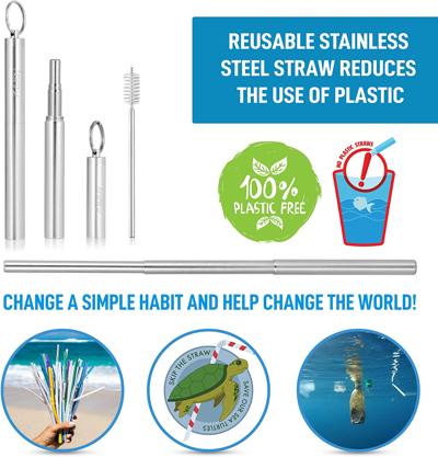 Zulay Kitchen Compact, Portable & Eco-friendly Reusable Collapsible Straw Keychain With Case And Cleaning Tool In Silver