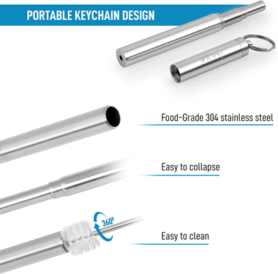 Zulay Kitchen Compact, Portable & Eco-friendly Reusable Collapsible Straw Keychain With Case And Cleaning Tool In Silver