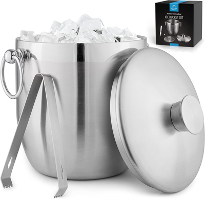 Zulay Kitchen Ice Bucket With Lid, Strainer & Tongs (3 Liters) In Silver
