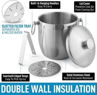 Zulay Kitchen Ice Bucket With Lid, Strainer & Tongs (3 Liters) In Silver