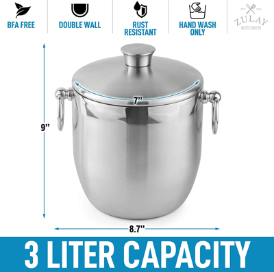 Zulay Kitchen Ice Bucket With Lid, Strainer & Tongs (3 Liters) In Silver