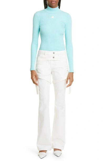 Shop Courrèges Mock Neck Rib Sweater In Turquoise