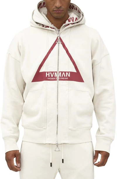 Shop Hvman Double Hood Triangle Logo Zip Hoodie In Cream