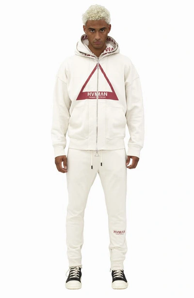 Shop Hvman Double Hood Triangle Logo Zip Hoodie In Cream