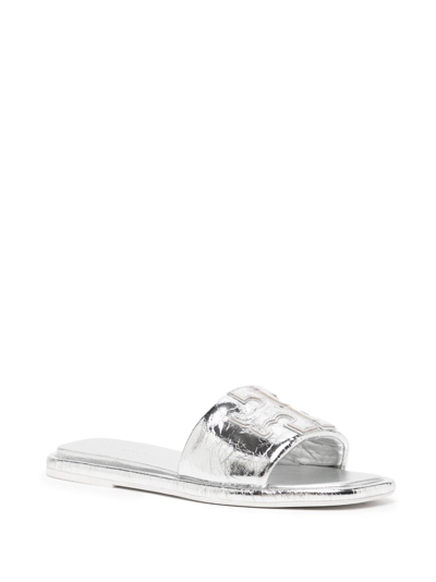 Tory Burch Double T Leather Slides In Silver