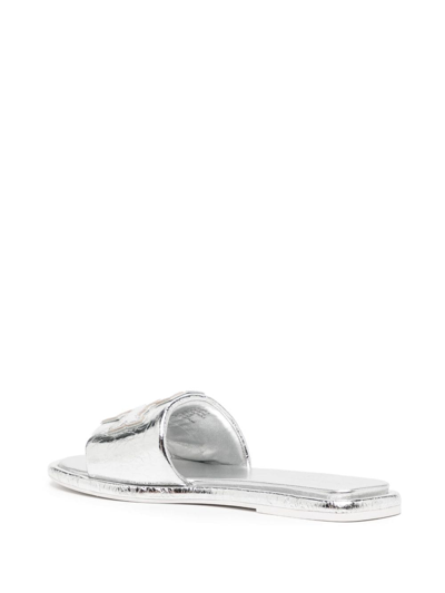 Tory Burch Double T Leather Slides In Silver