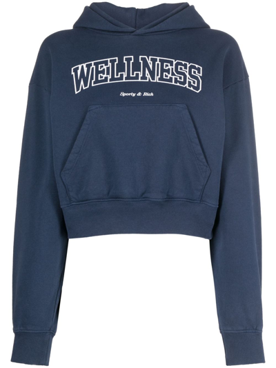 Shop Sporty And Rich Logo-print Cropped Cotton Hoodie In Blue