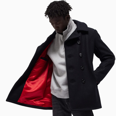 Schott Miusa Wool-blend Engraved-buttons Peacoat In Dark Navy