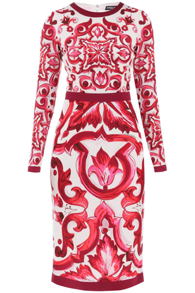 Shop Dolce & Gabbana Midi Silk Dress With Maiolica Motif In Multicolor