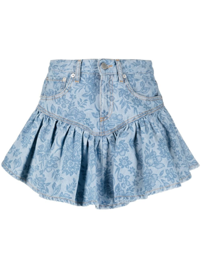 Shop Alessandra Rich Denim Blue Floral Mini Skirt