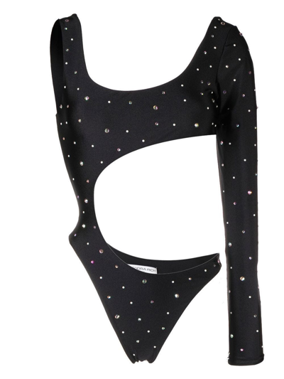 Shop Alessandra Rich Black One-shoulder Bodysuit With Rhinestones In Nero
