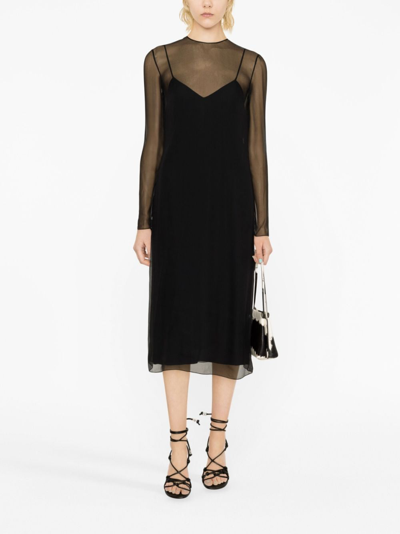 Shop Ferragamo Layered Semi-sheer Silk Midi Dress In Schwarz