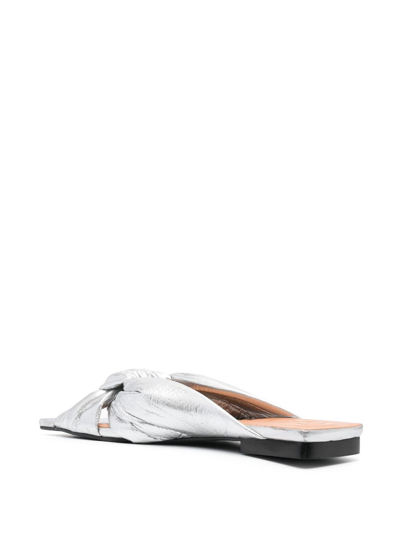 Ganni Silver Soft Knot Flat Mules In Silber