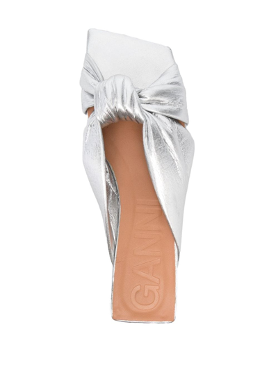Ganni Silver Soft Knot Flat Mules In Silber