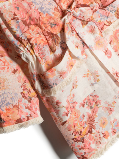 Shop Zimmermann Floral-print Frayed-edge Robe In Neutrals
