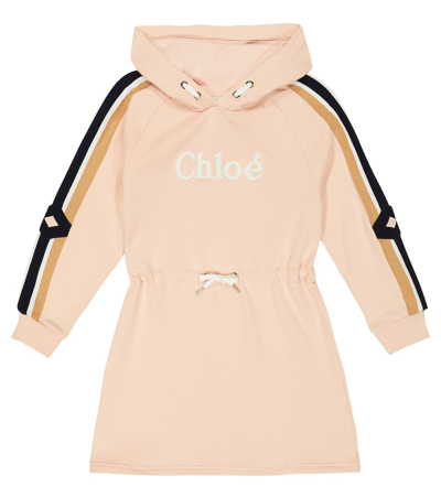Chloé Girls Pink Organic Cotton Hooded Logo Dress In Pink