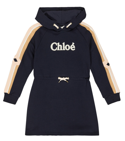 Shop Chloé Logo Cotton Jersey Hoodie Dress In Blue