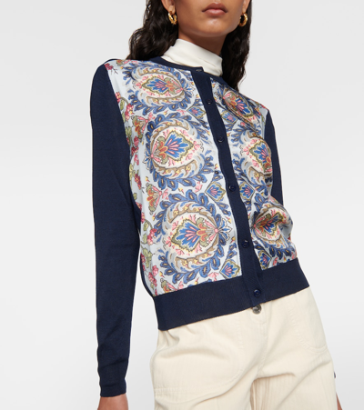 Shop Etro Printed Silk And Cotton-blend Cardigan In Blue